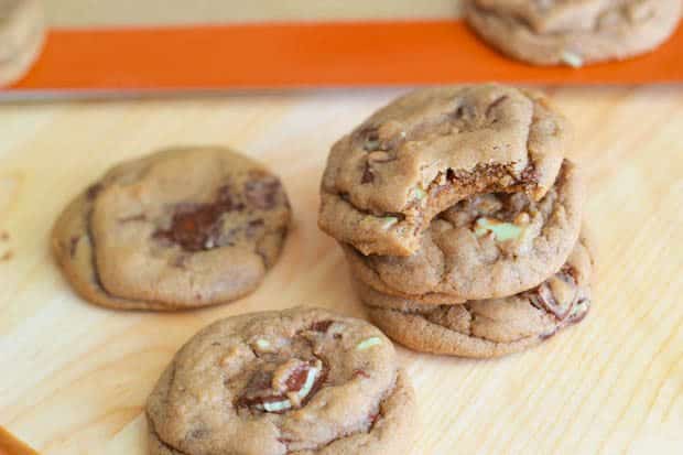 stack of Andes mint chocolate chunk cookies