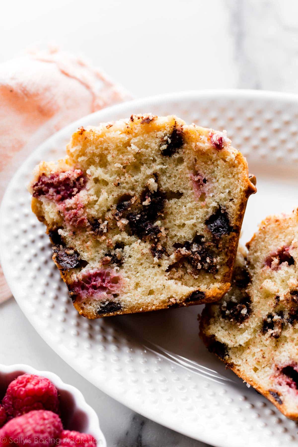 center of a jumbo raspberry chocolate chip muffin