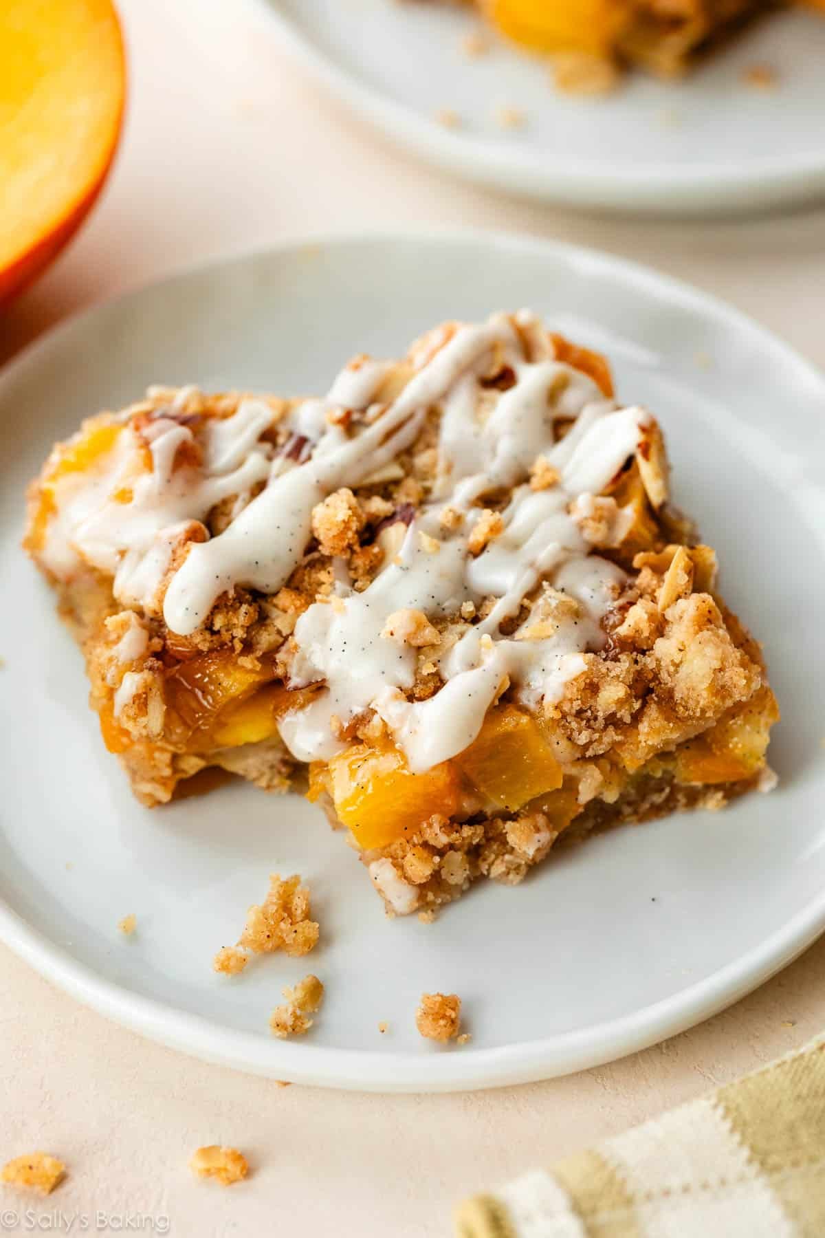 peach pie bar on white plate.