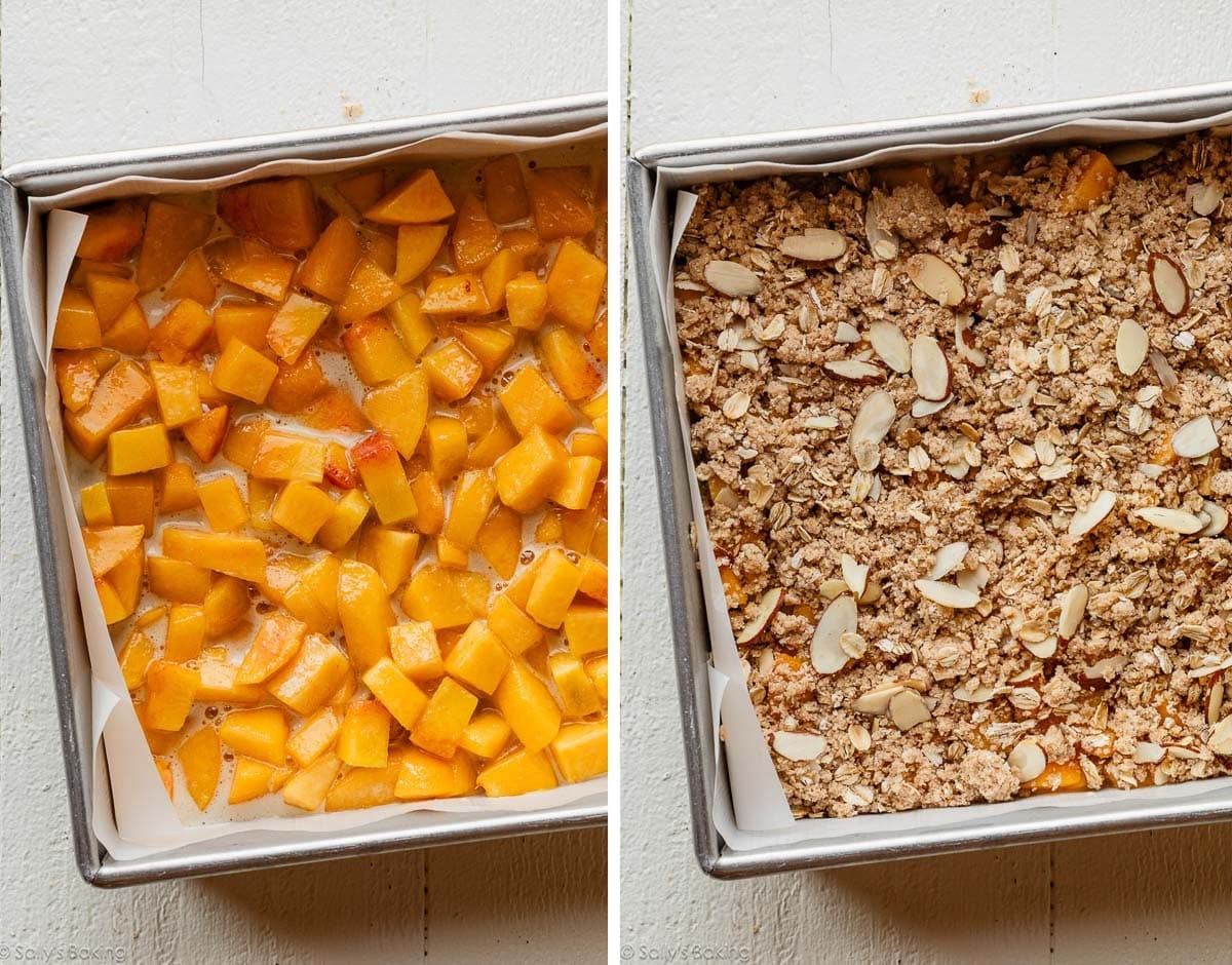 peach filling in pan and shown again with almond topping.