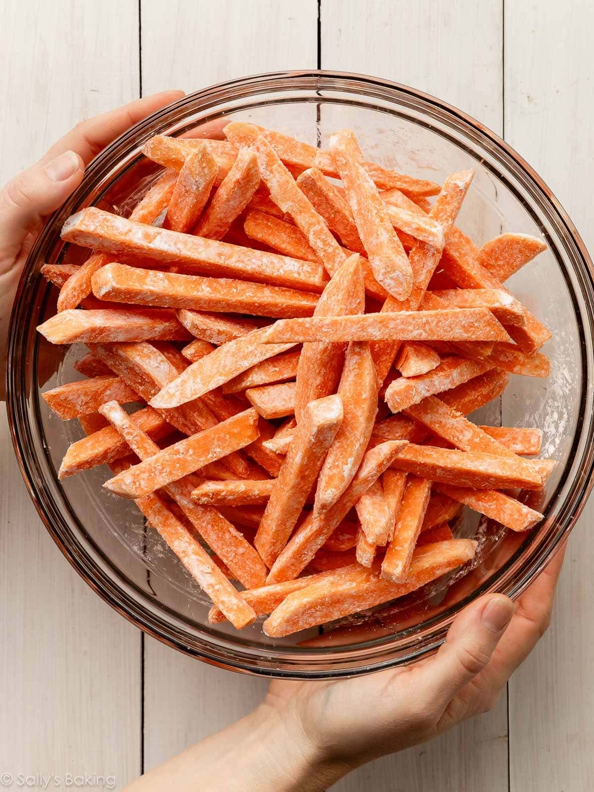 sweet potato sticks coated in cornstarch.