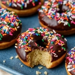 baked donuts with chocolate frosting and sprinkles.