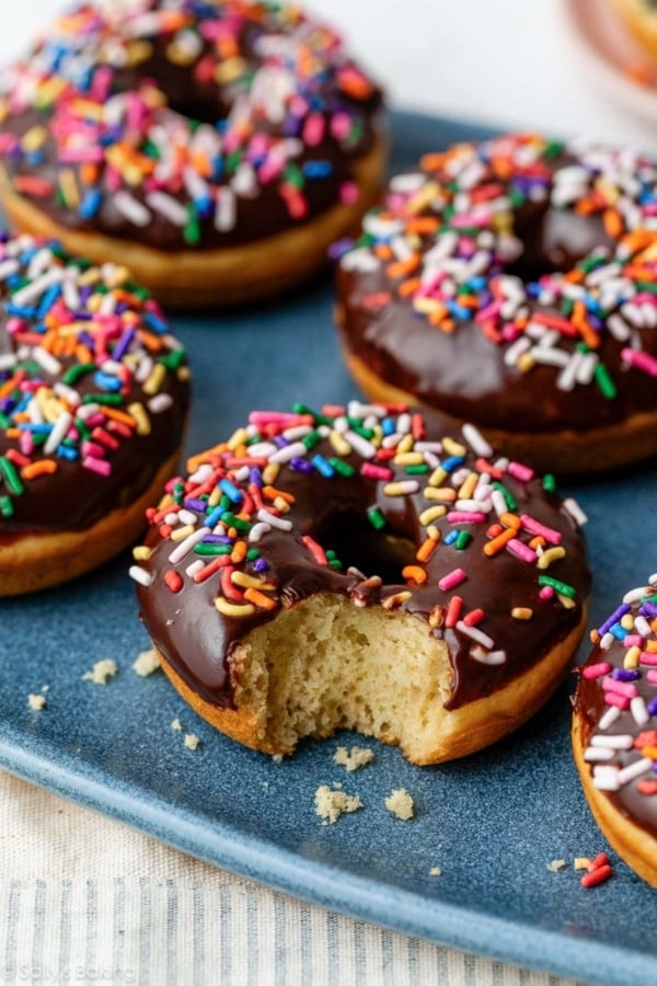 baked donuts with chocolate frosting and sprinkles.