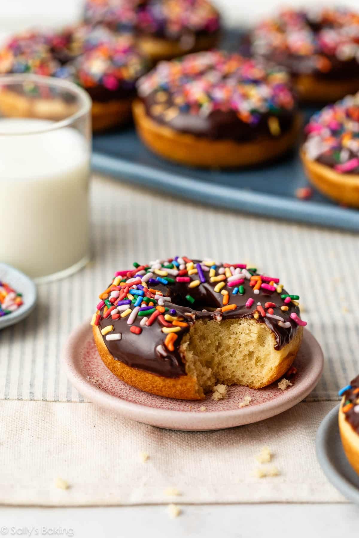 chocolate frosted baked donut on plate.