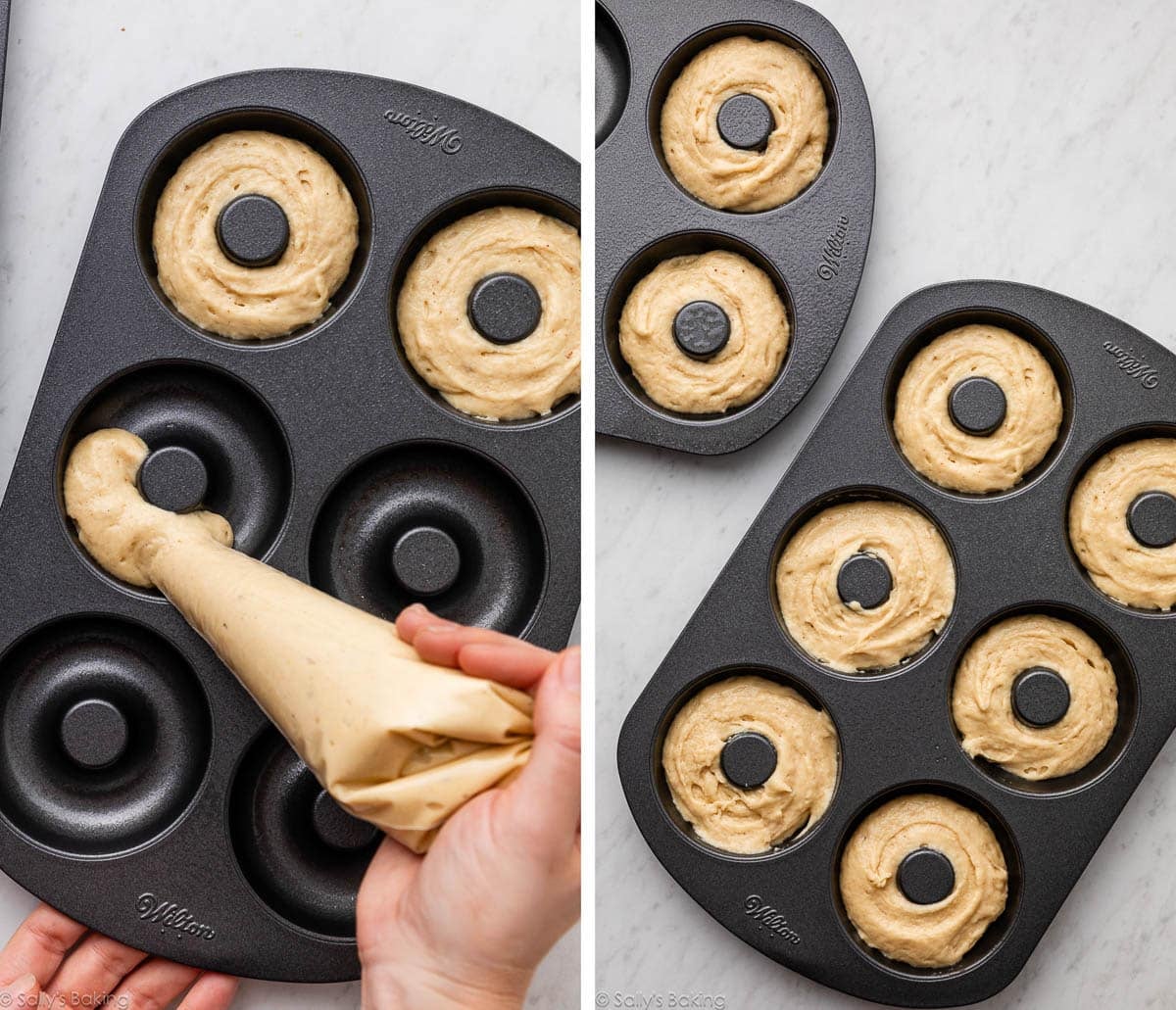 piping batter into donut pans.