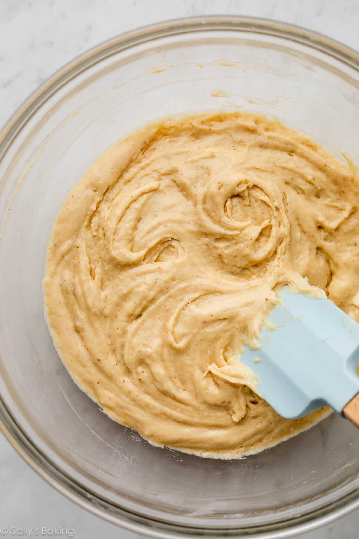 thick batter in glass bowl.