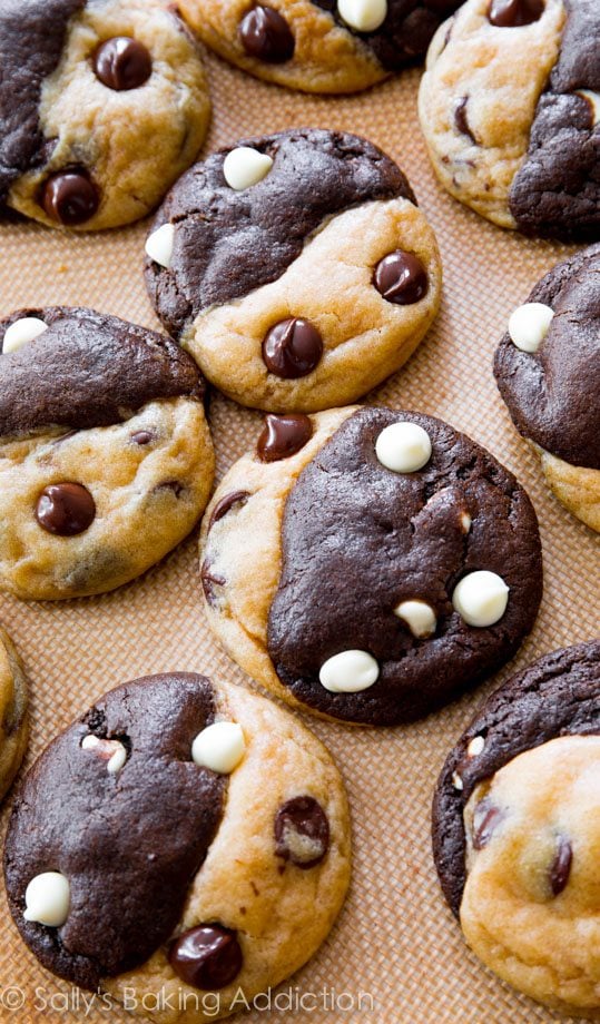 double chocolate chip swirl cookies on a silpat baking mat