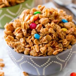 honey roasted peanut butter granola in a gray and white bowl
