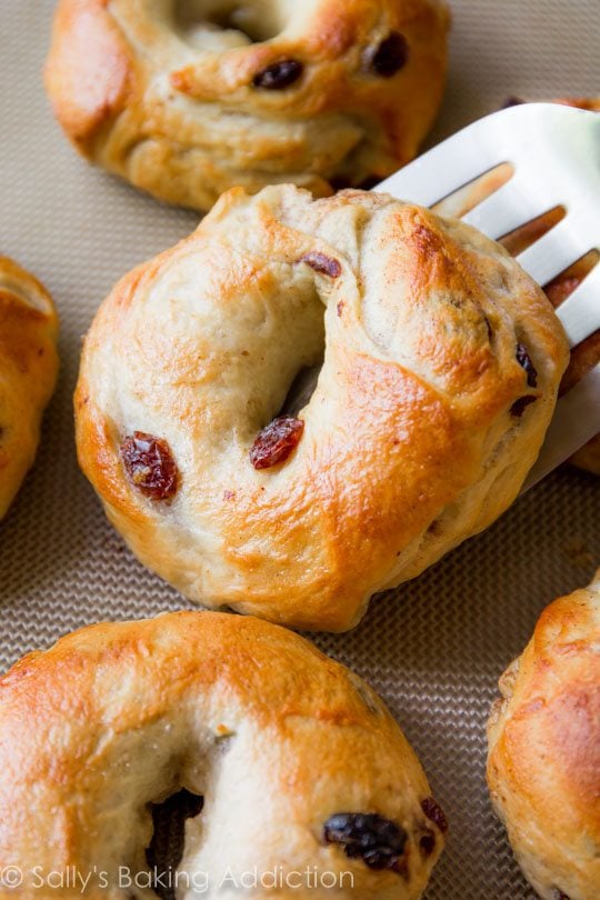 cinnamon raisin bagels on a silpat baking mat
