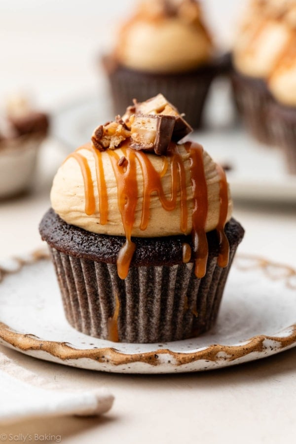 snickers cupcake on plate.