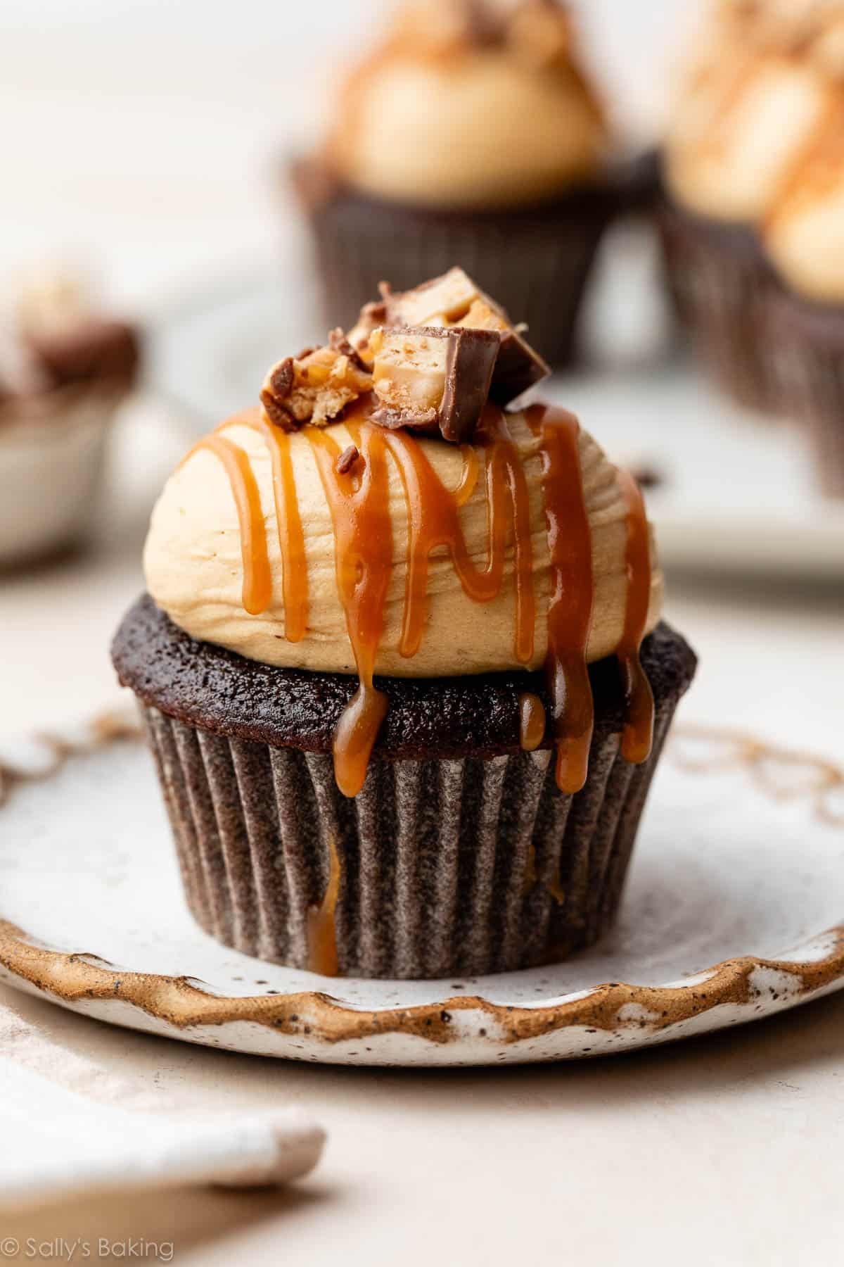 snickers cupcake on plate.