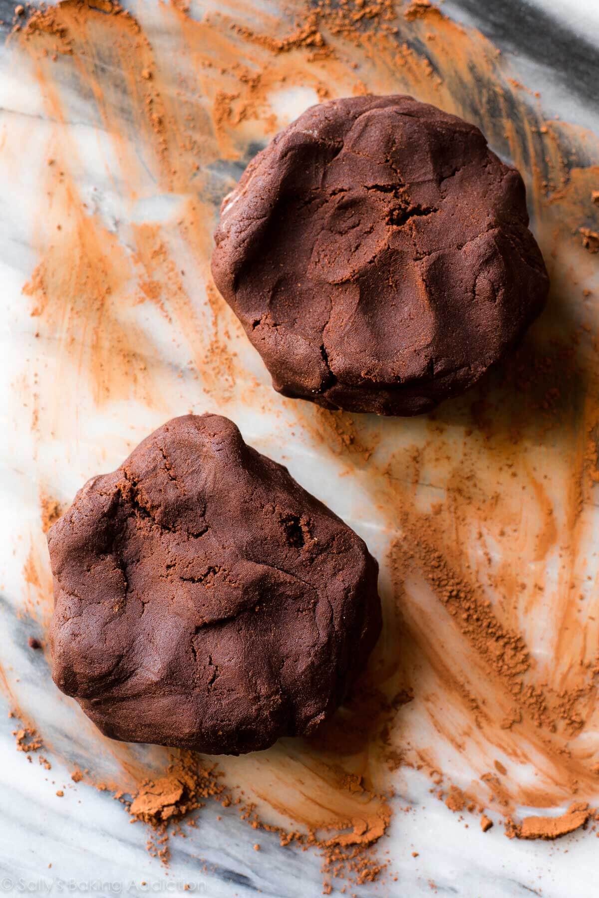 chocolate cookie dough formed into 2 discs
