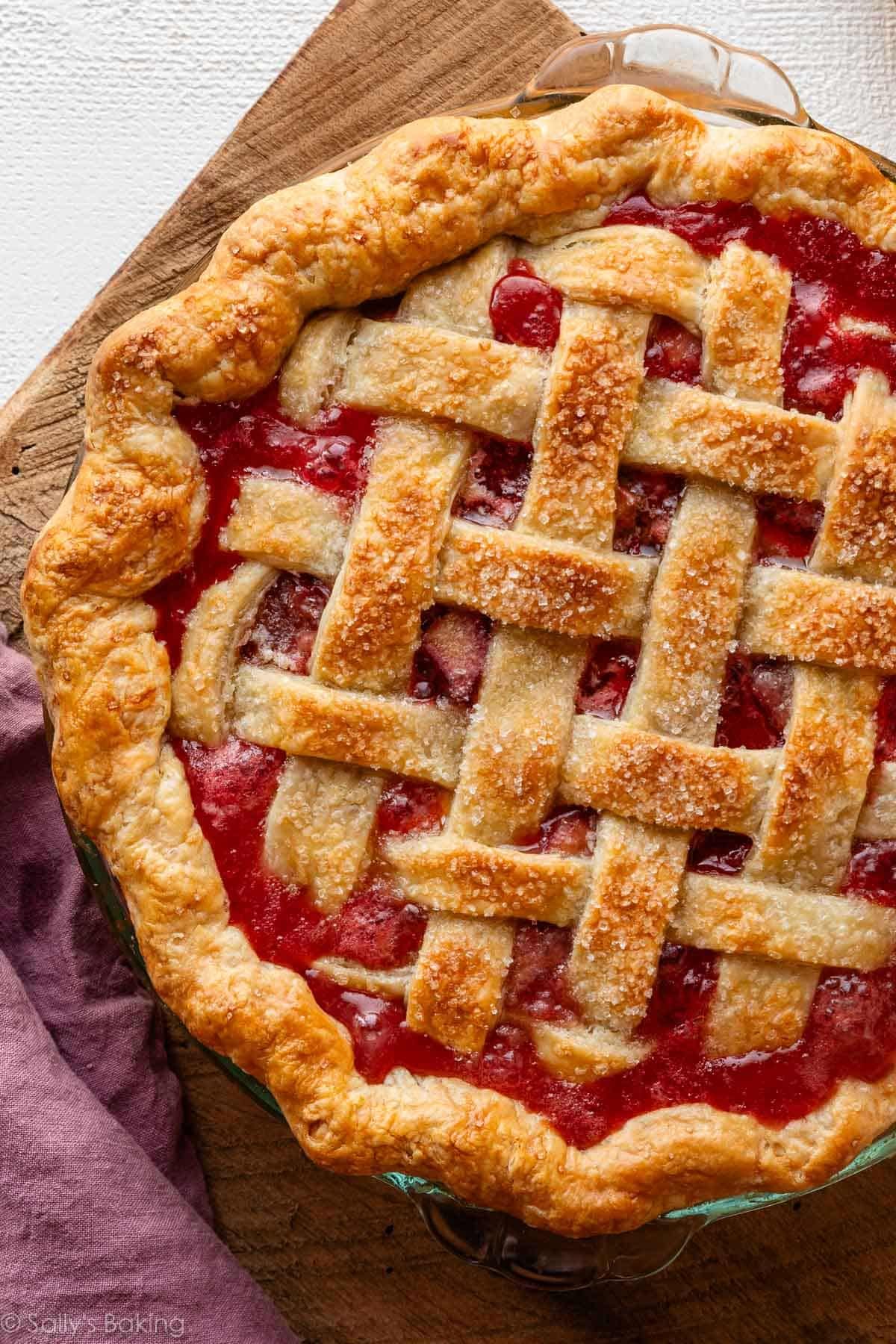 strawberry rhubarb pie with lattice crust.