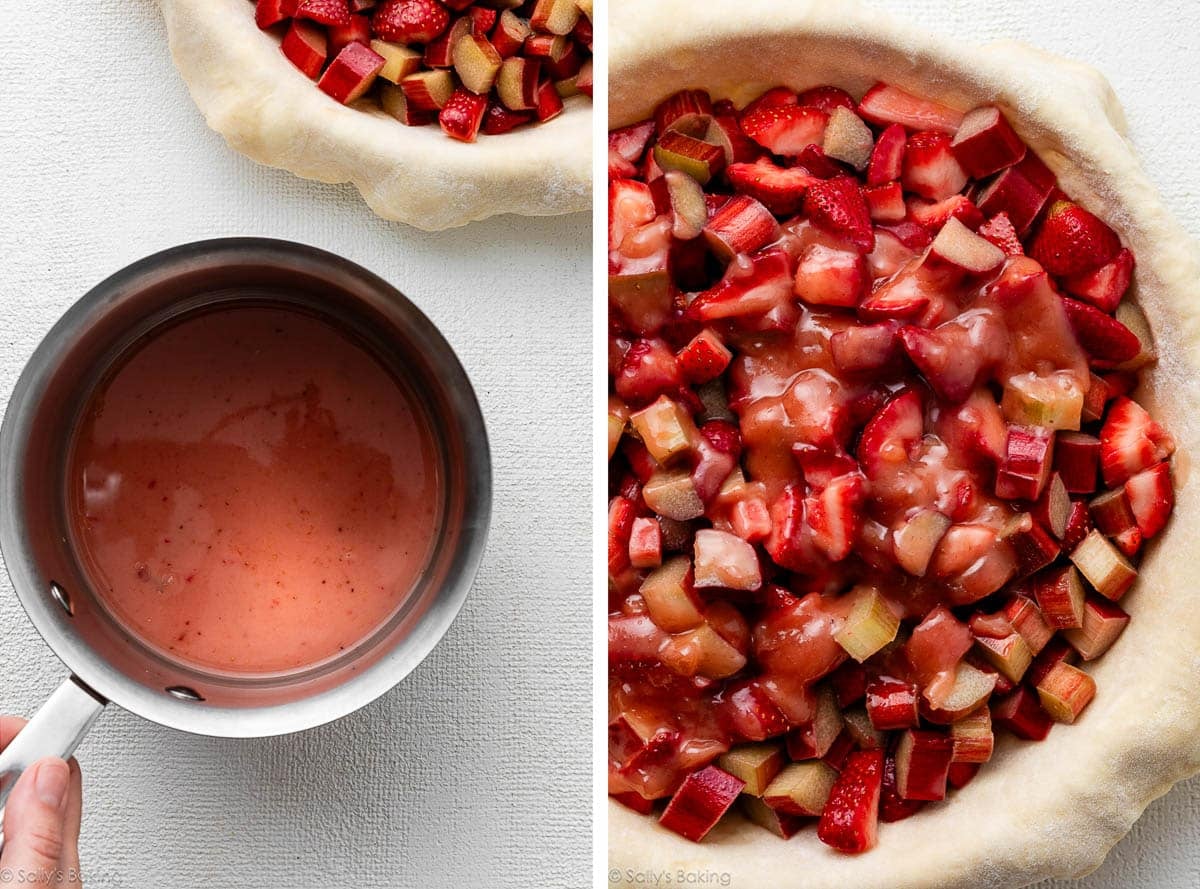 liquid in pot and pie filling shown again inside crust.