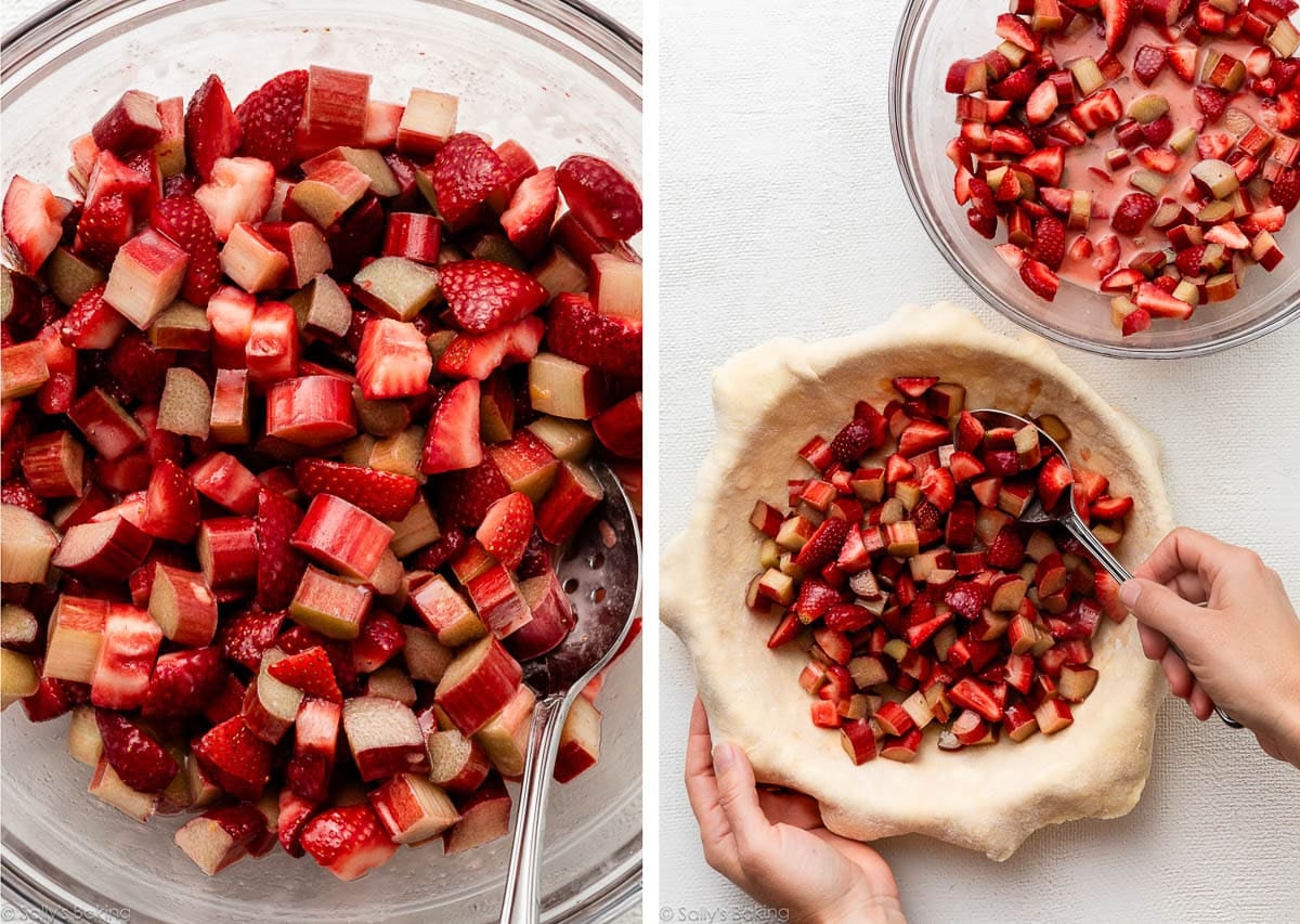 pie filling in glass bowl and shown again being spooned into crust.