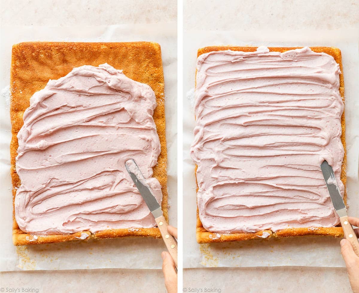 spreading fluffy pink cream cheese filling on cake roll.