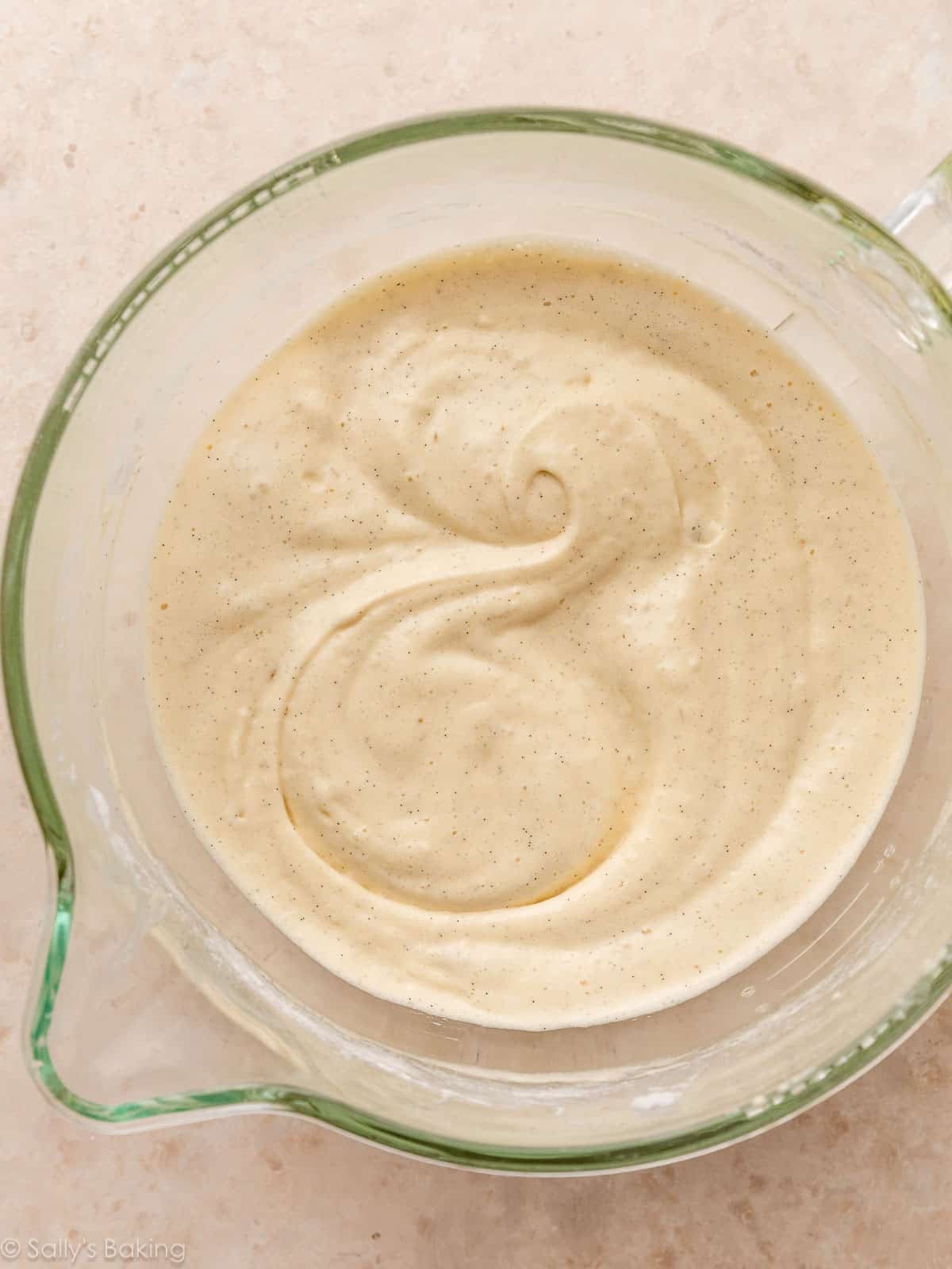 vanilla bean batter in glass bowl.