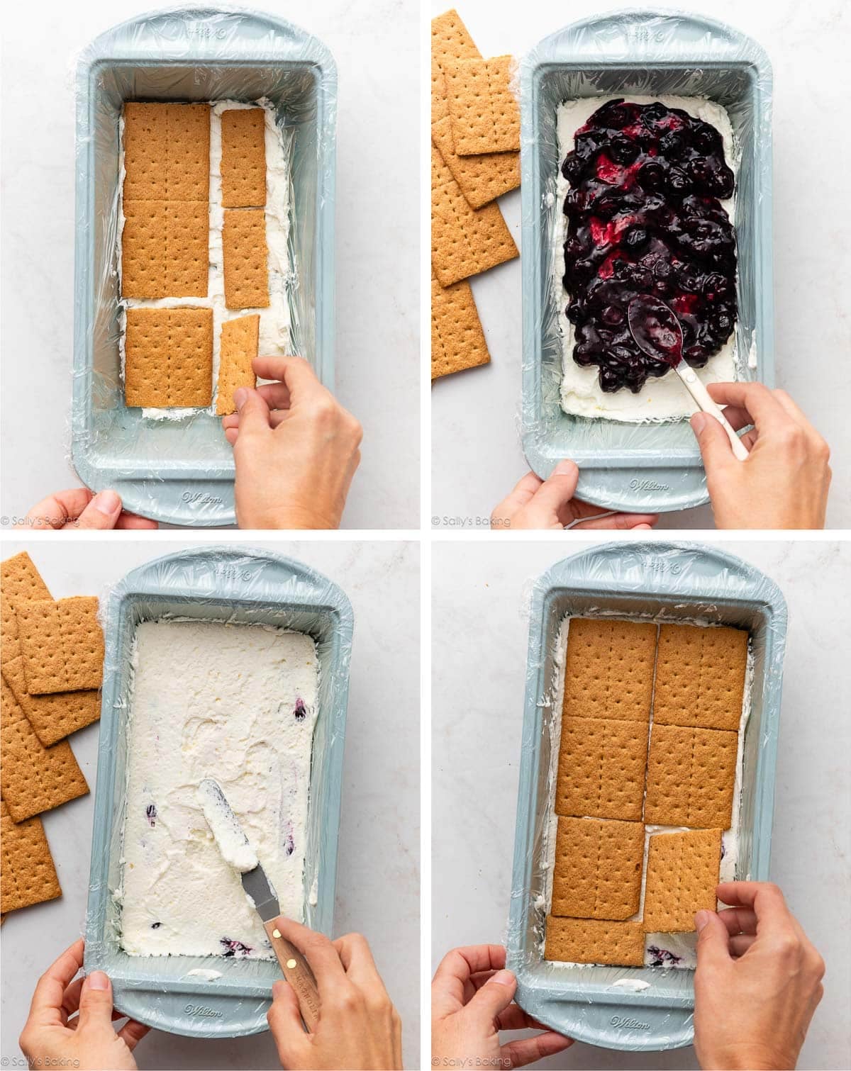 assembling blueberry, cream, and graham cracker layers in blue loaf pan.