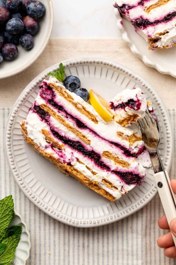 slice of blueberry lemon icebox cake on plate.