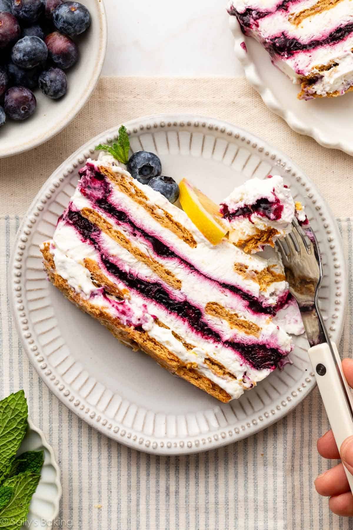 slice of blueberry lemon icebox cake on plate.