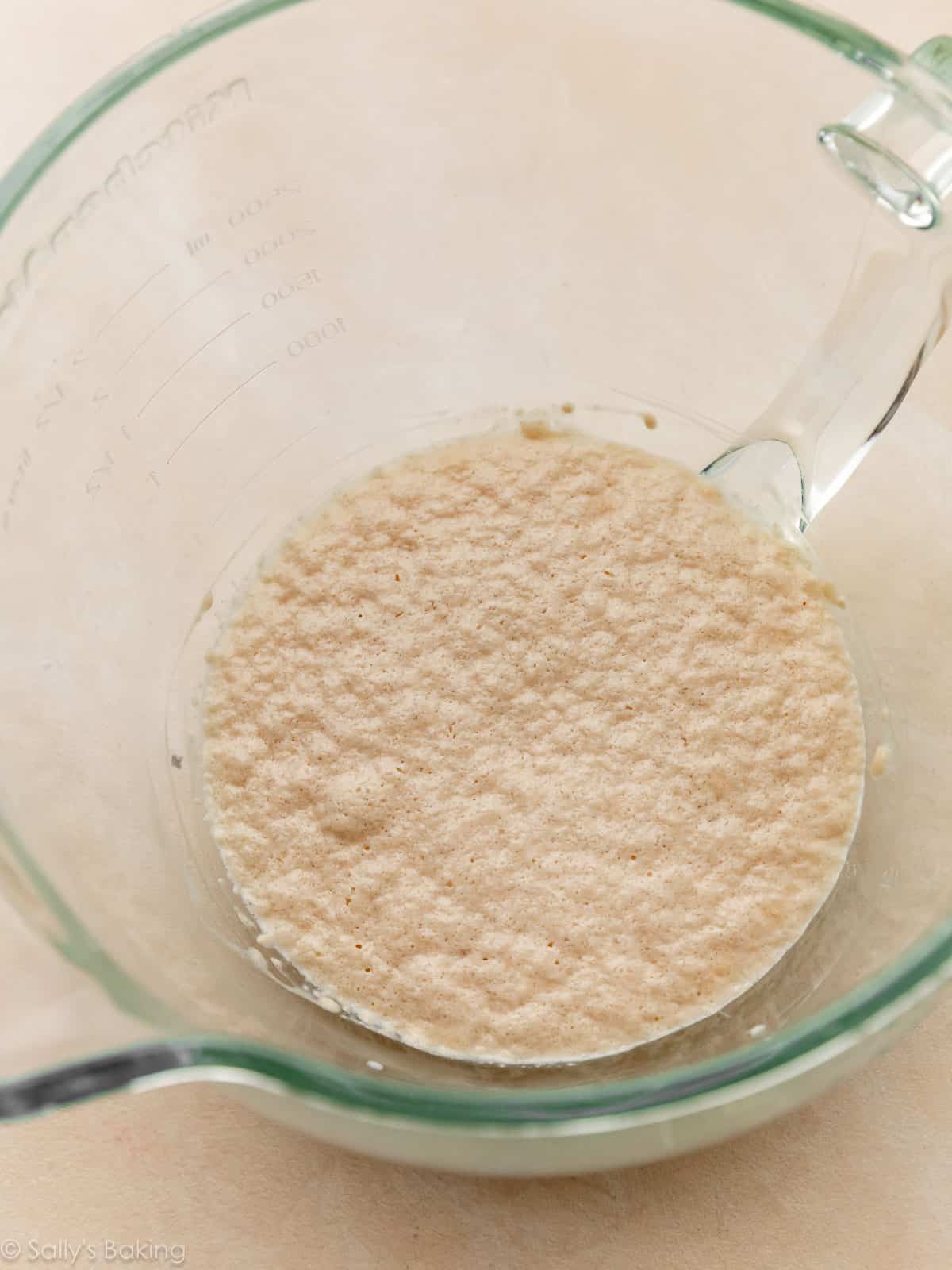 proofed yeast mixture in glass bowl.