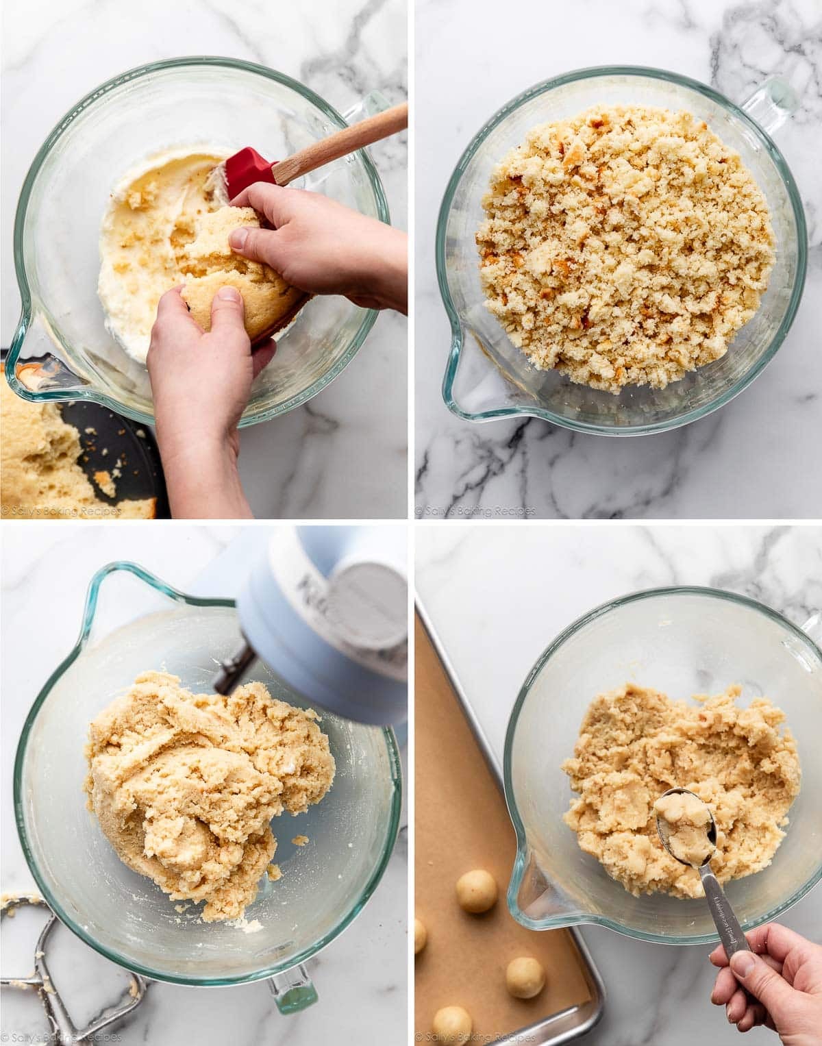 process photo showing mixing crumbled cake with vanilla frosting.