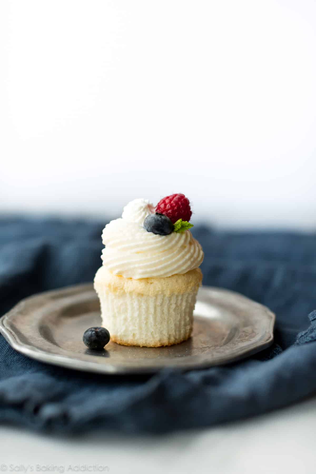 angel food cupcake on silver plate
