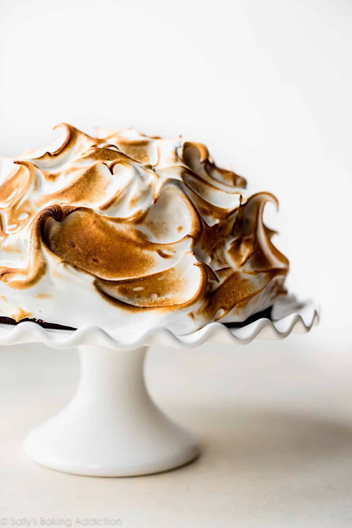 brownie baked Alaska on a white cake stand