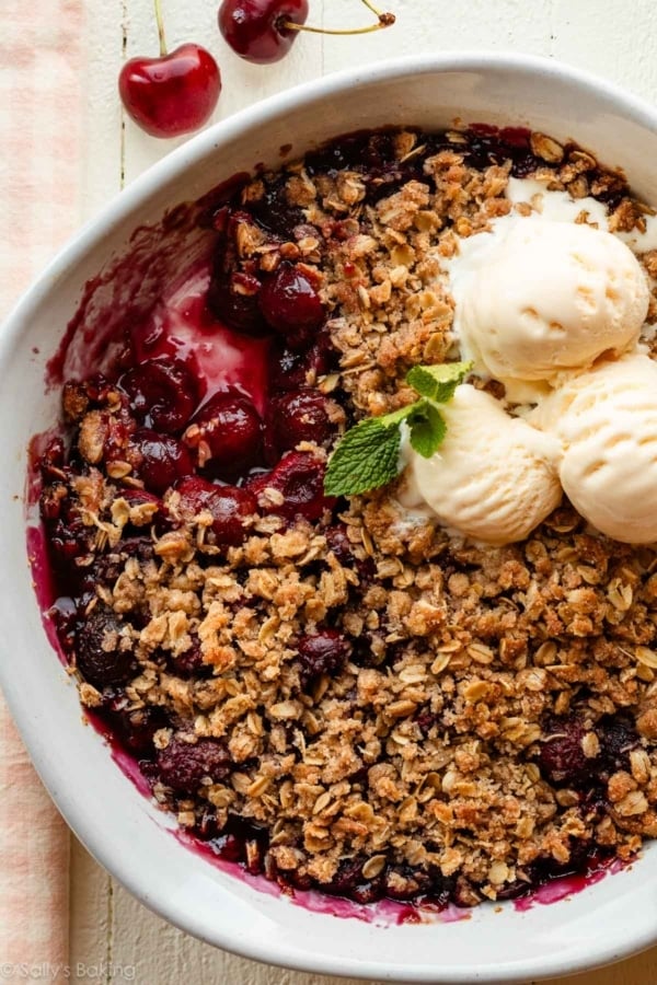 cherry crisp with vanilla ice cream.