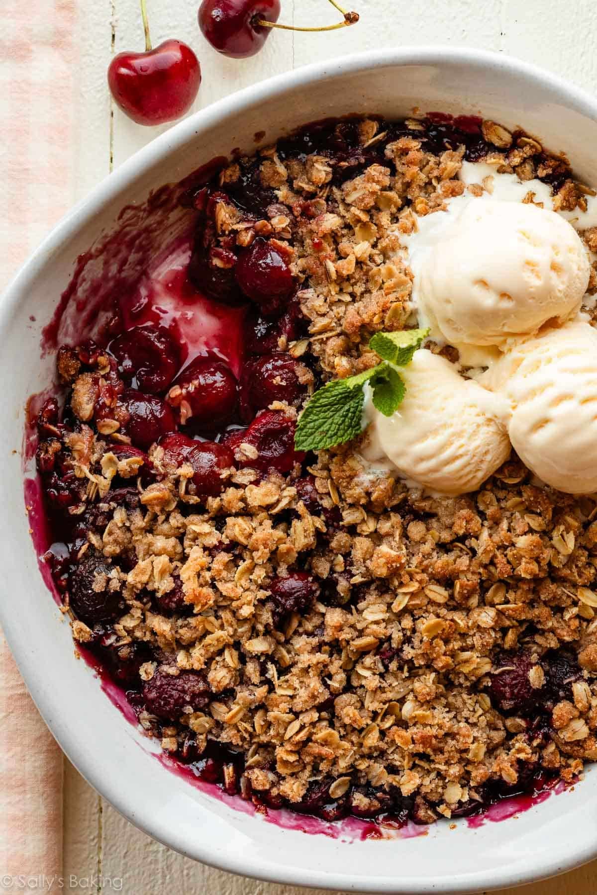 cherry crisp with vanilla ice cream.