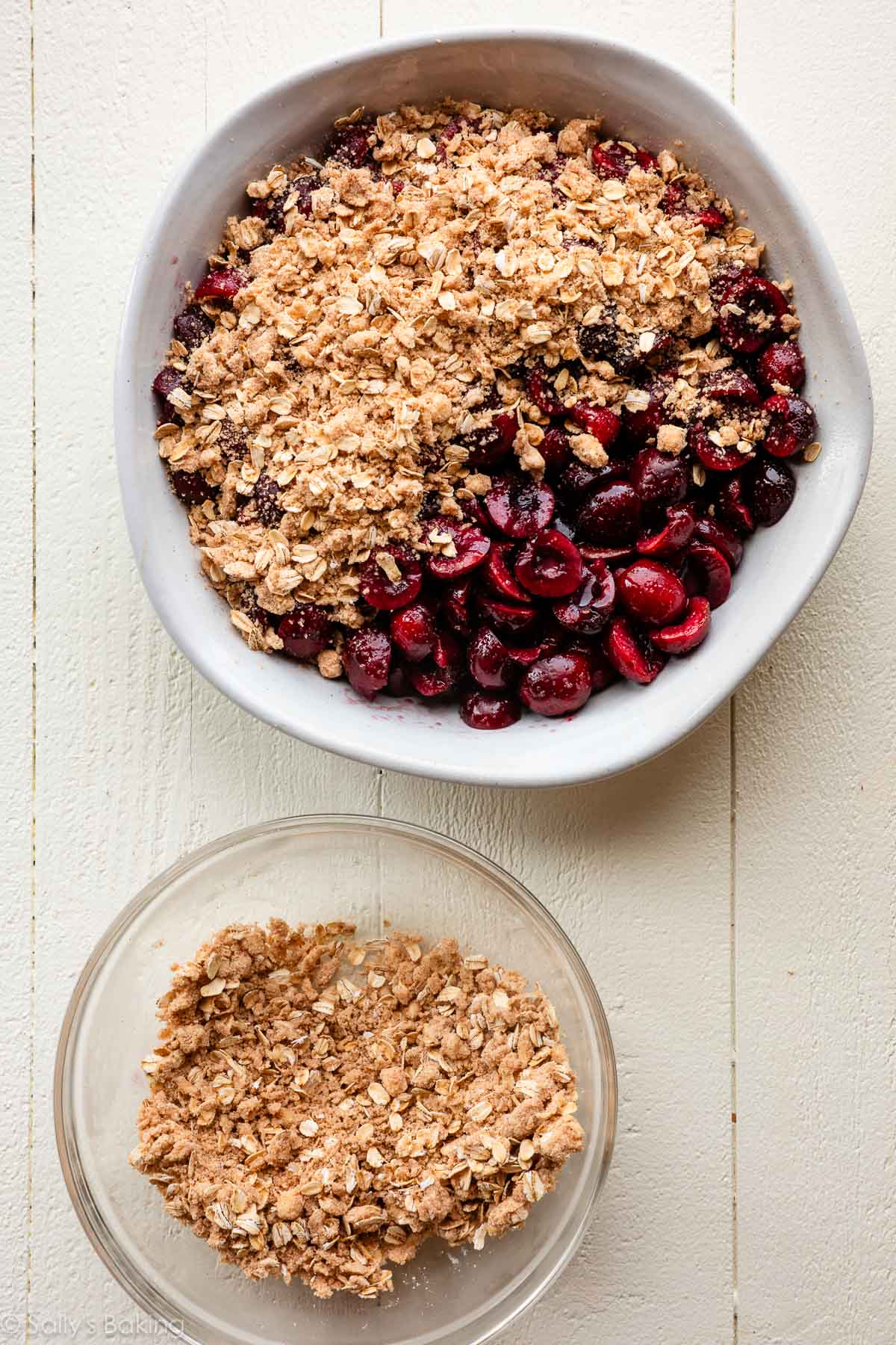 oat topping halfway over cherry filling.