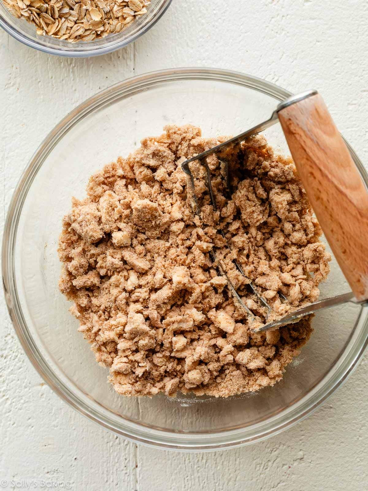 brown sugar topping in bowl with pastry cutter.