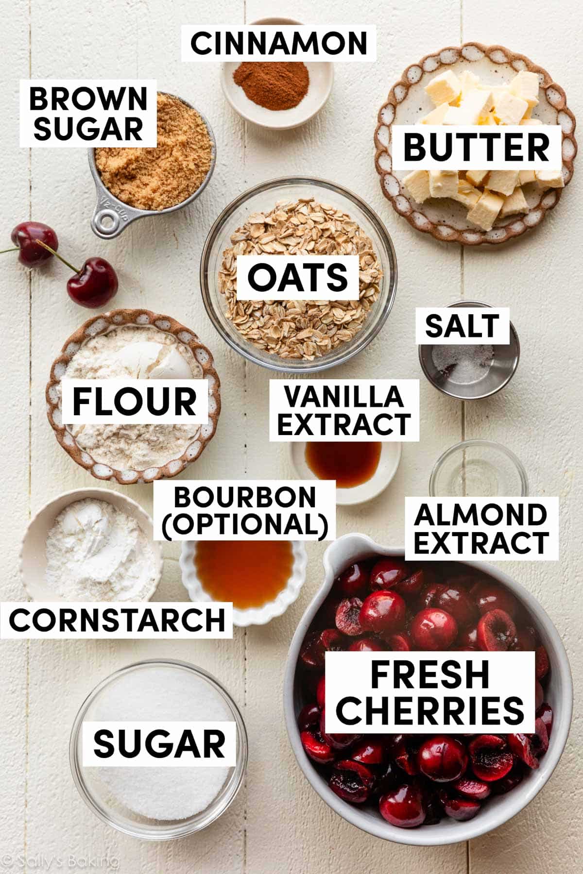 ingredients in bowls including sugar, cornstarch, butter, oats, and cinnamon.