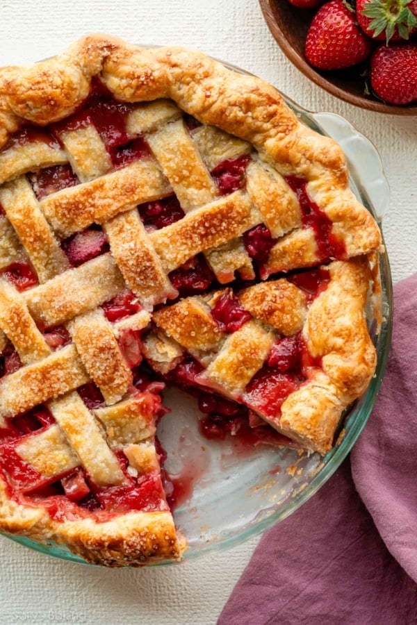 all butter pie crust latticed on pie.