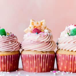 Sugar plum fairy cupcakes topped with snowflake cookies