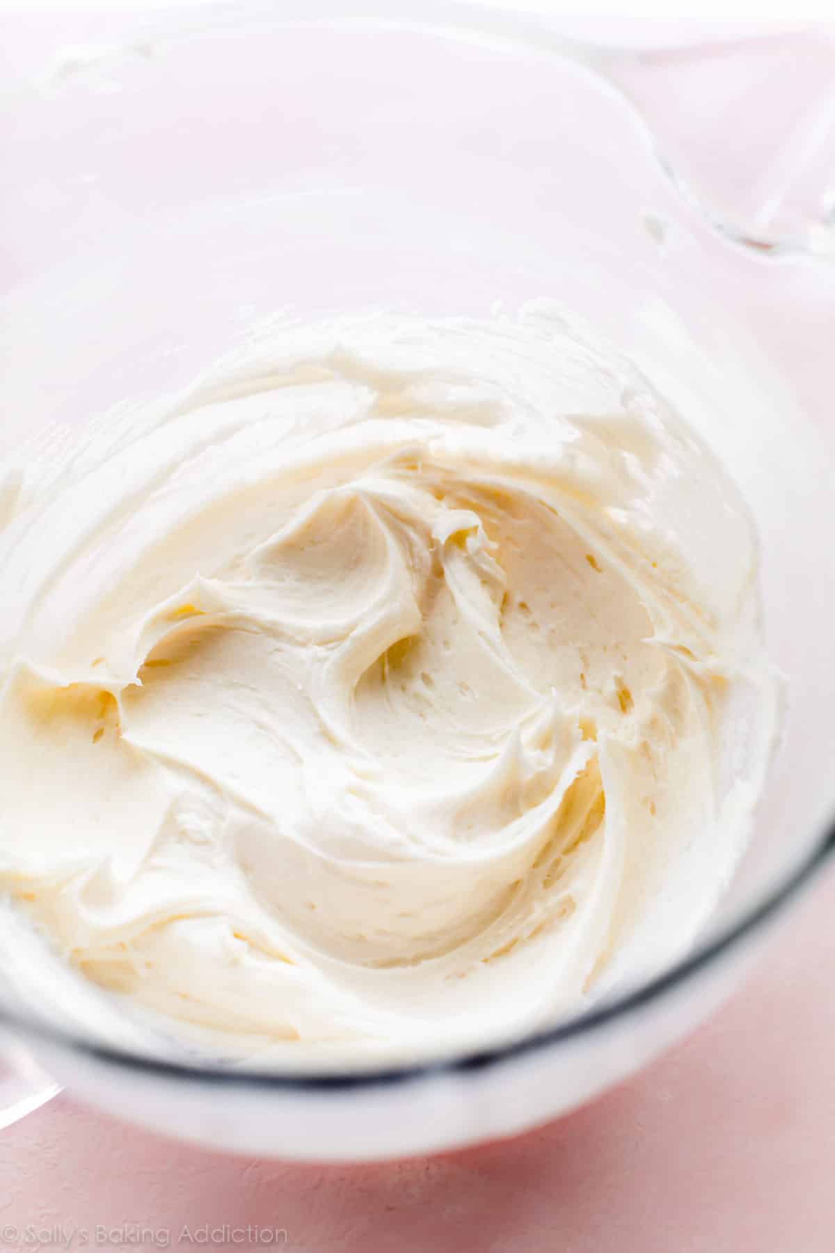 Vanilla almond buttercream in a glass bowl