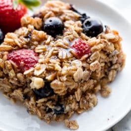 square of baked oatmeal on a white plate