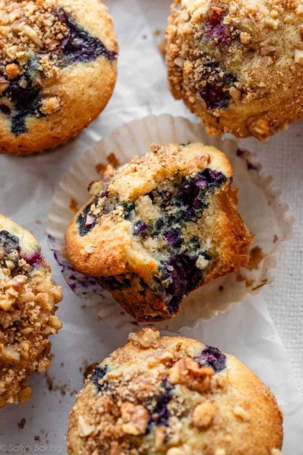 blueberry muffin with bite taken out.