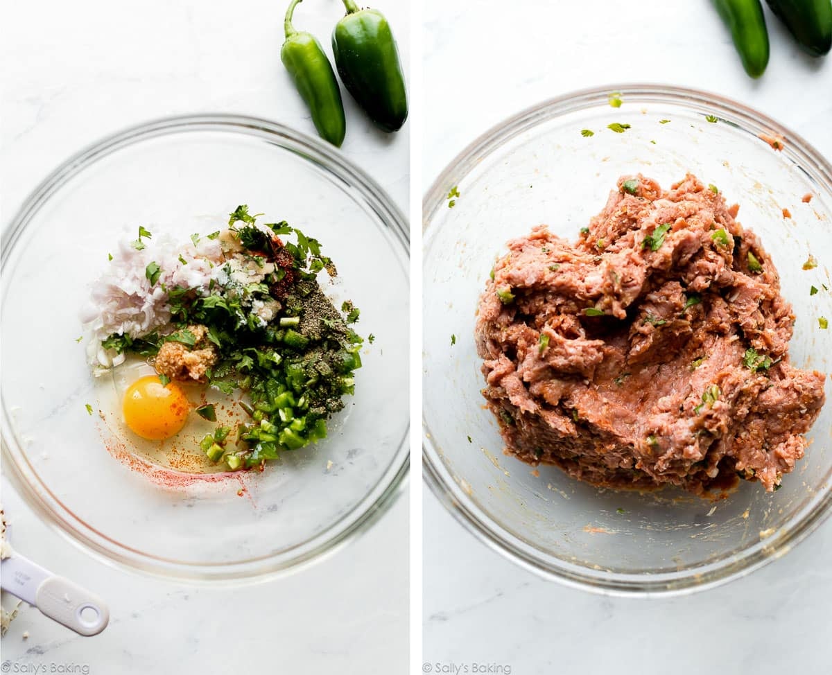 add-ins in bowl and shown again mixed into meat.