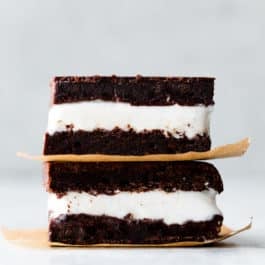 two homemade brownie ice cream sandwiches