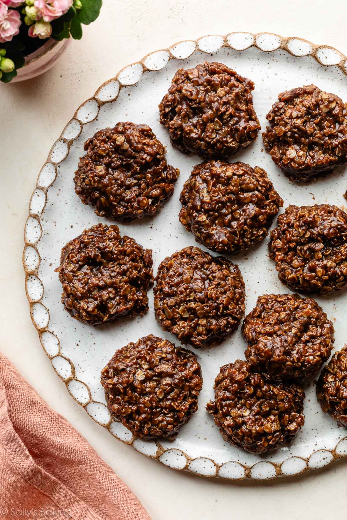 chocolate peanut butter no bake cookies on plate.