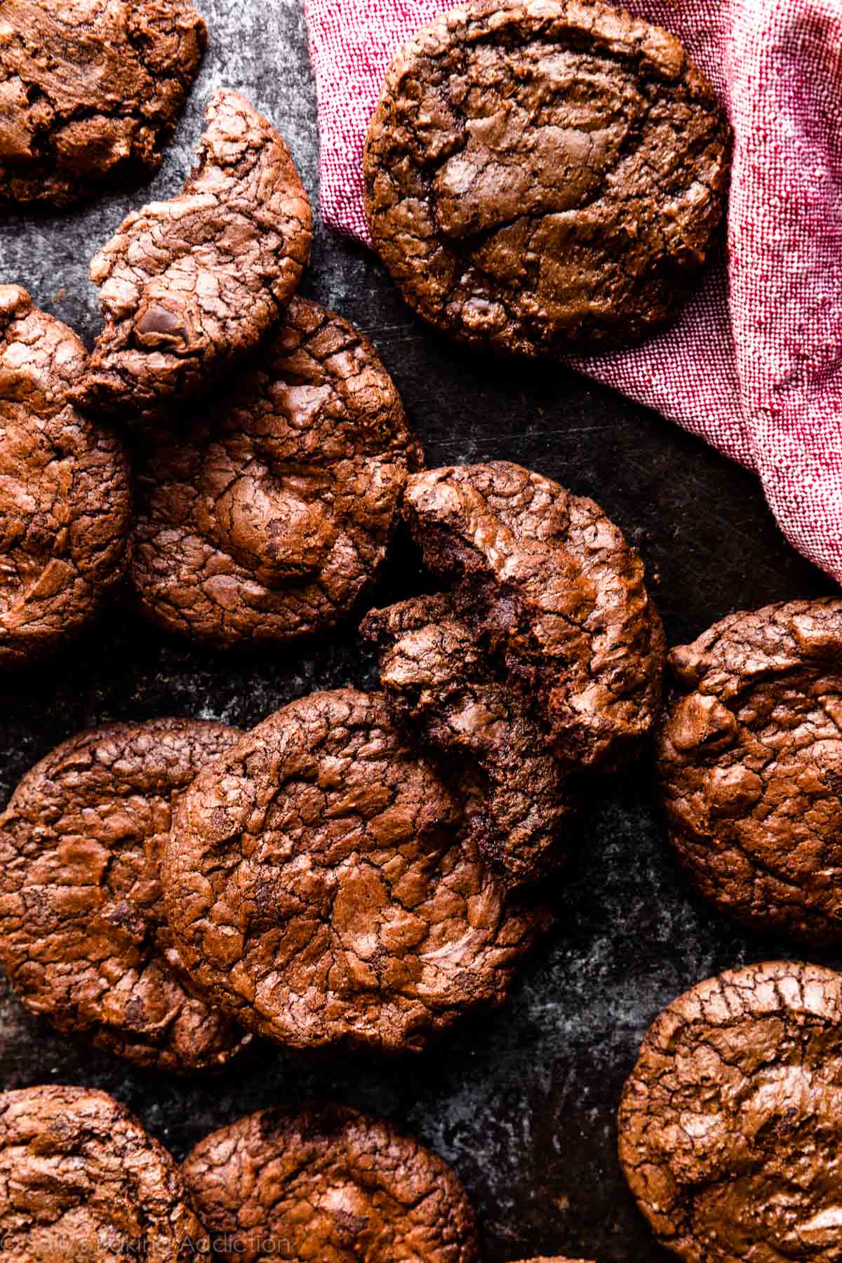 overhead photo of brownie cookies with crinkly tops