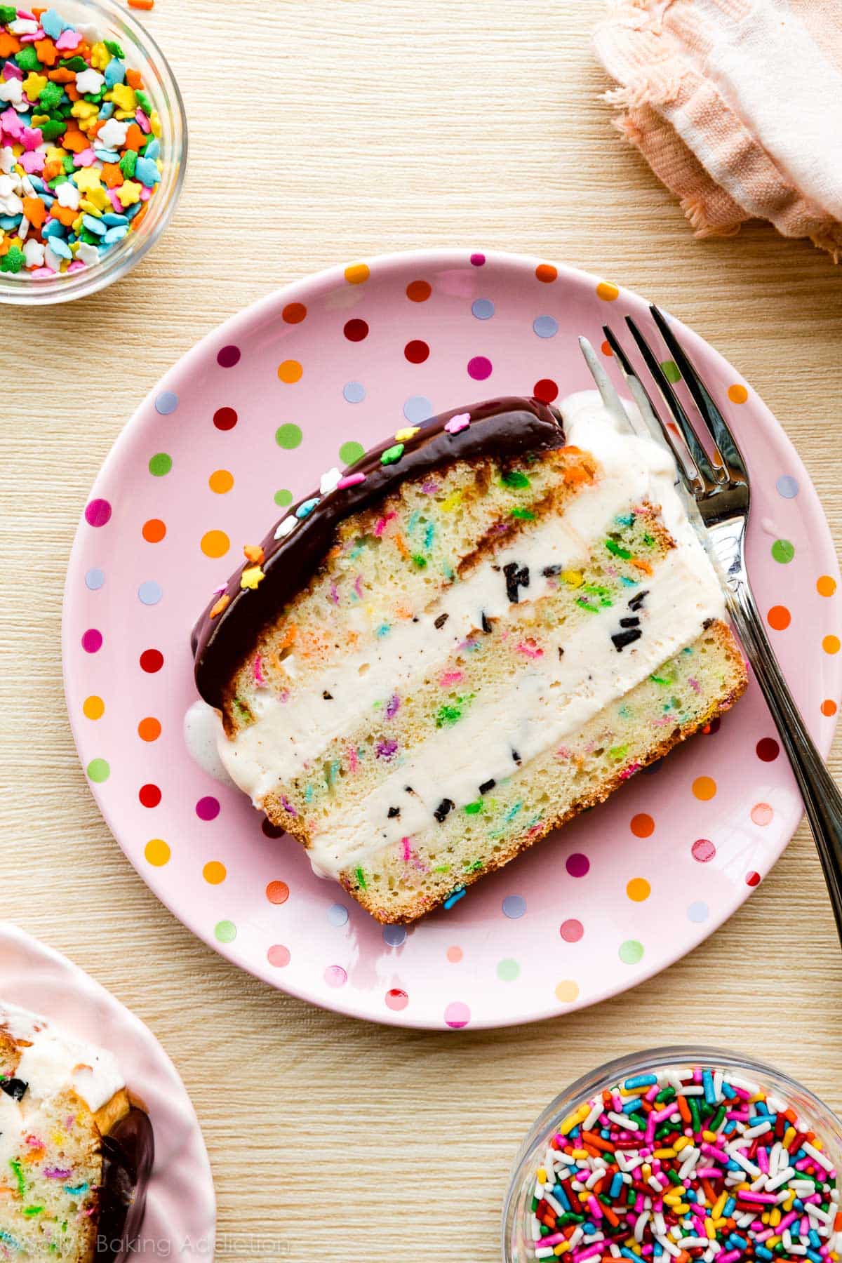 slice of ice cream loaf cake with chocolate ganache
