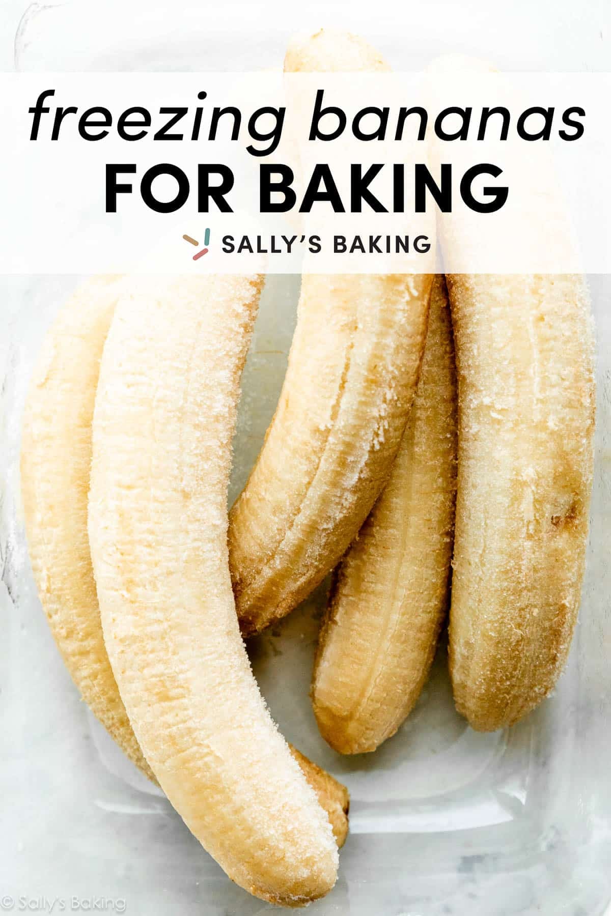 frozen bananas in container with text overlay "freezing bananas for baking".