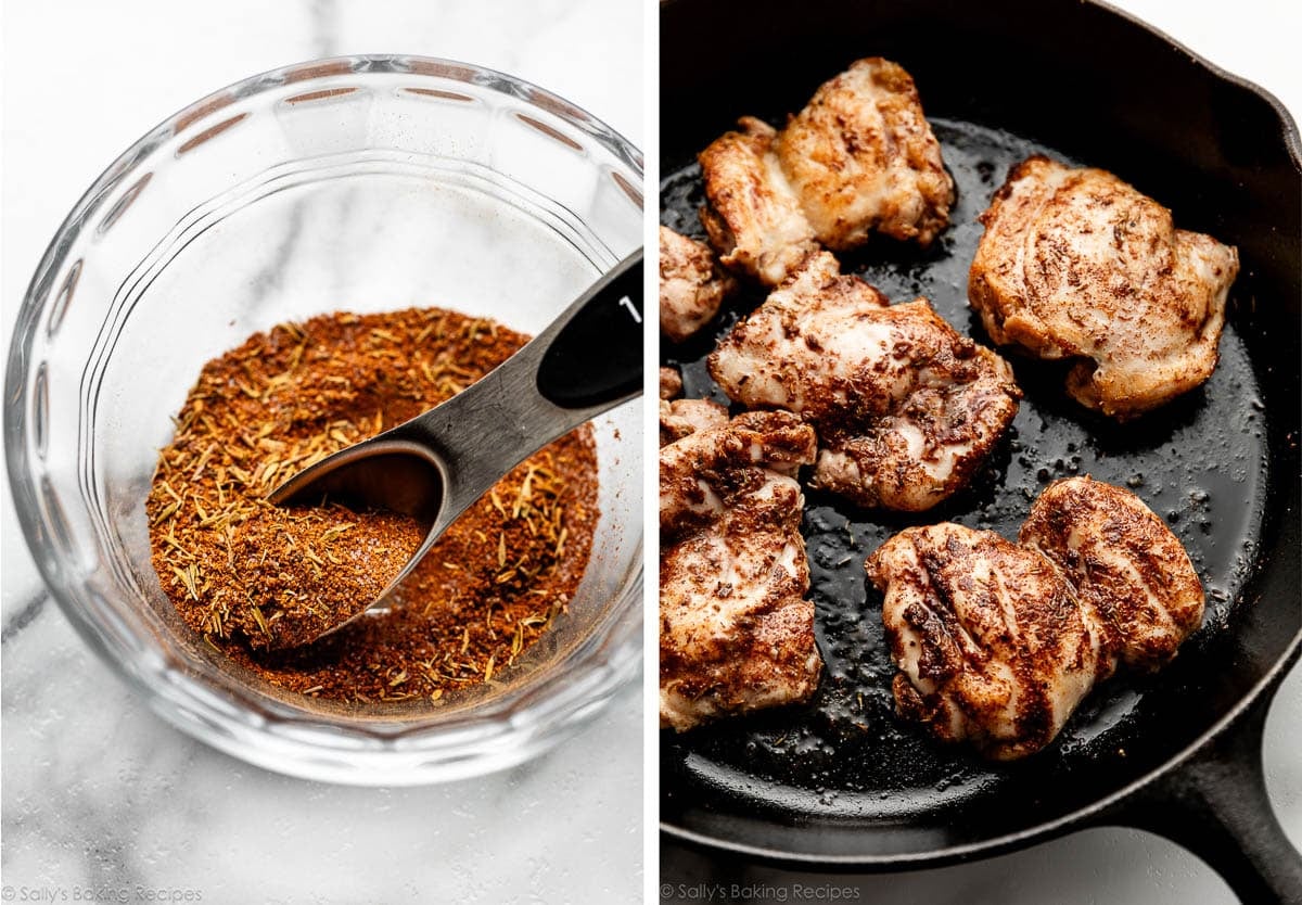 spice mixture in glass bowl and cooked chicken in cast iron skillet.