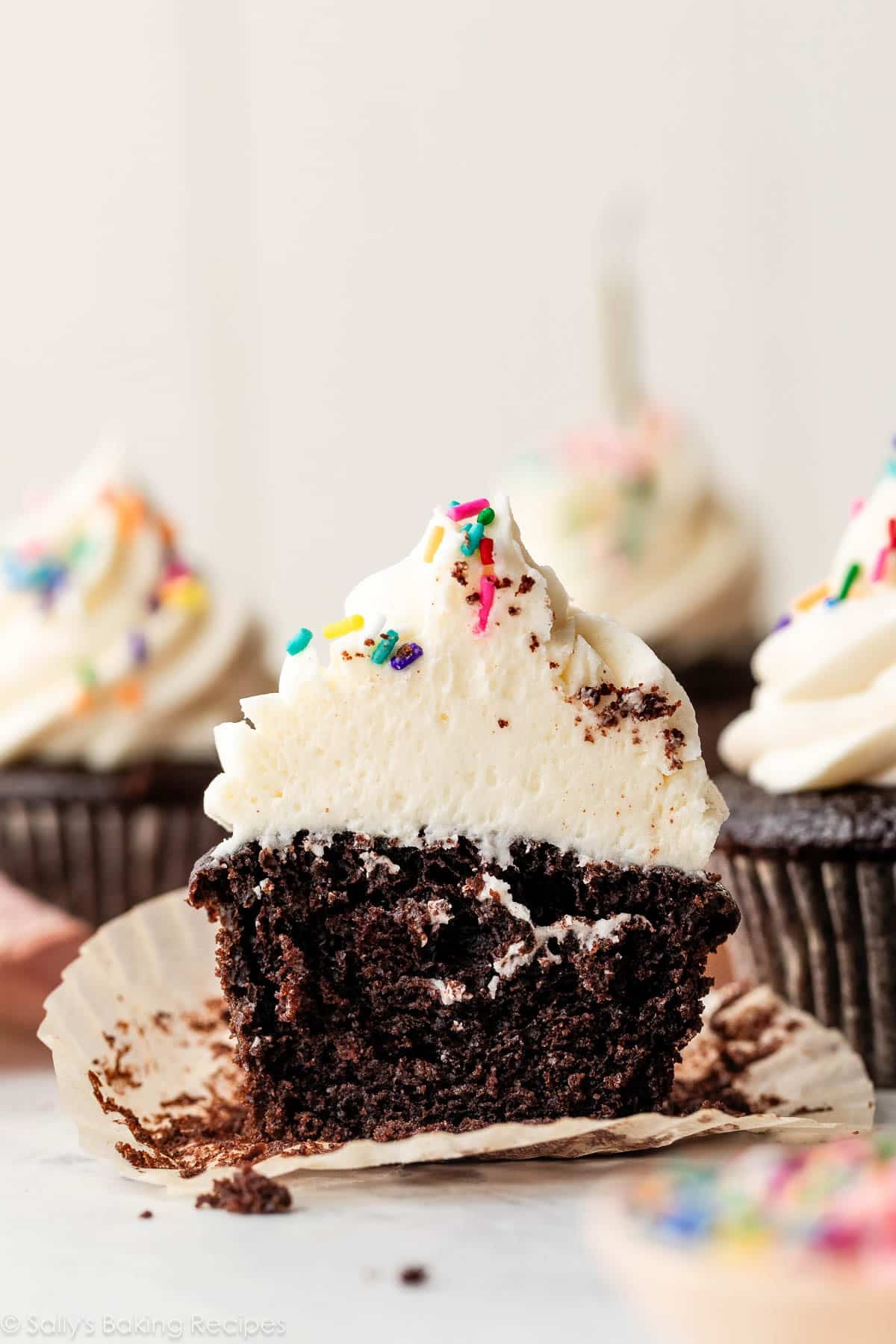 chocolate cupcake cut in half.