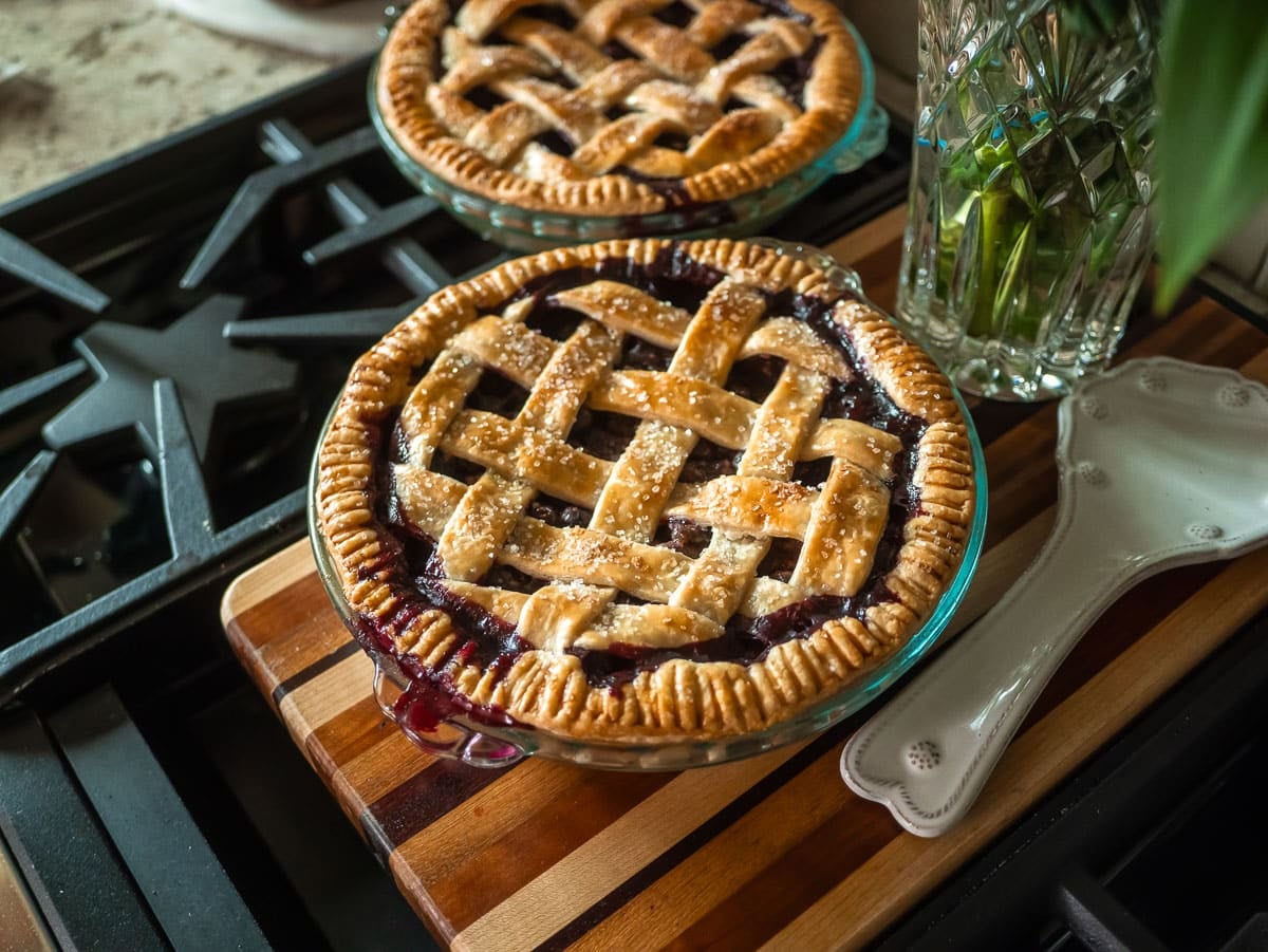 blueberry pies with lattice tops.