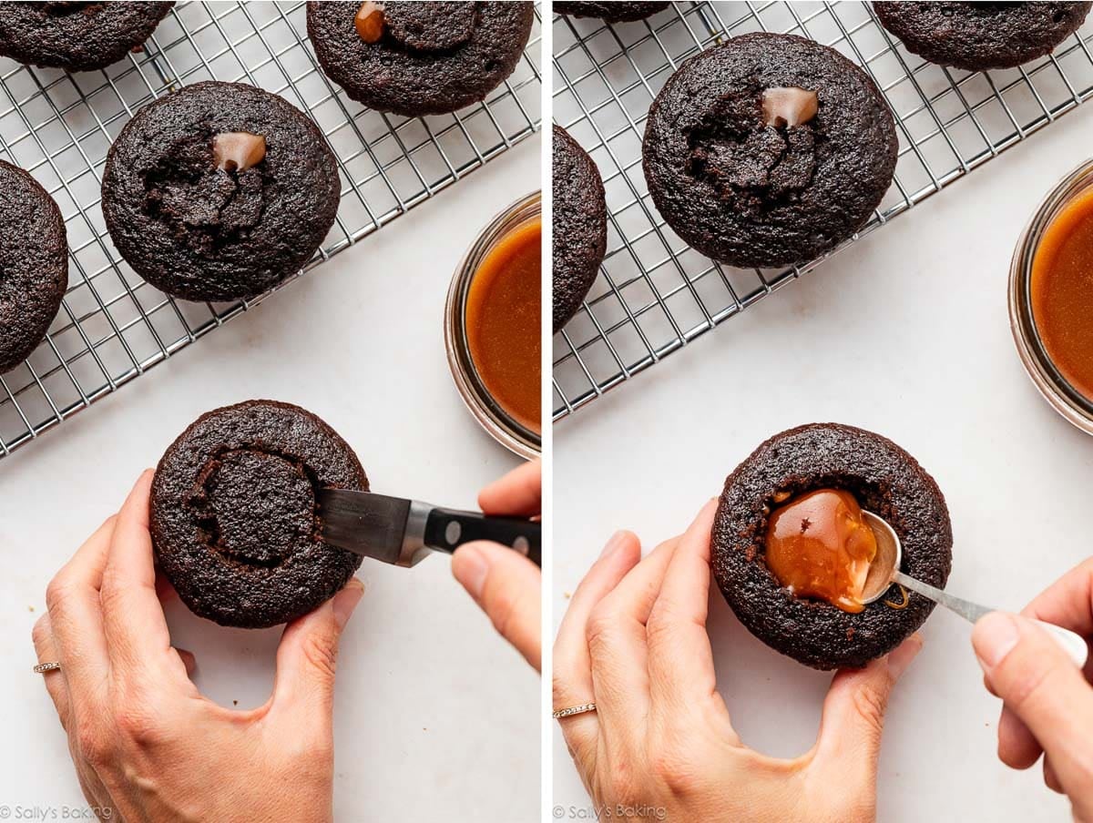 hands cutting out and filling chocolate cupcake.