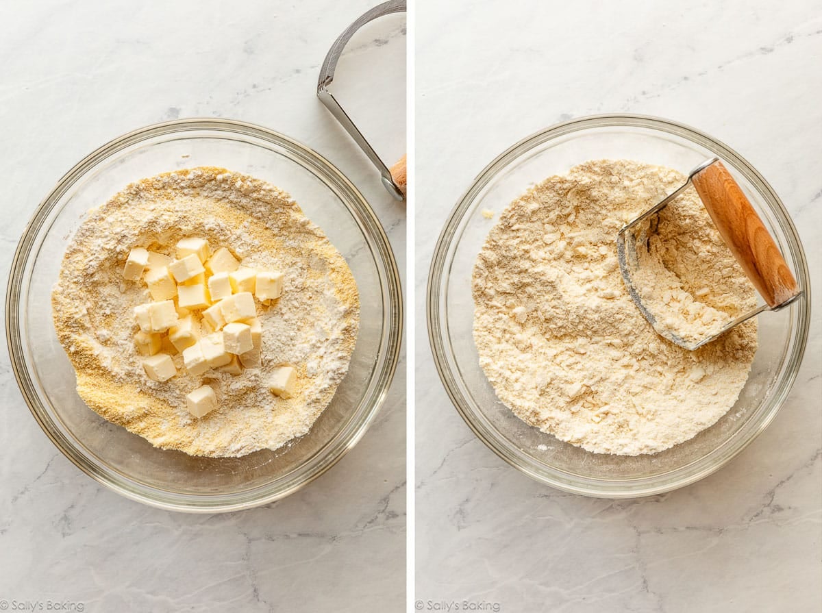 cubed butter in bowl with other ingredients and shown again cut into the mixture.