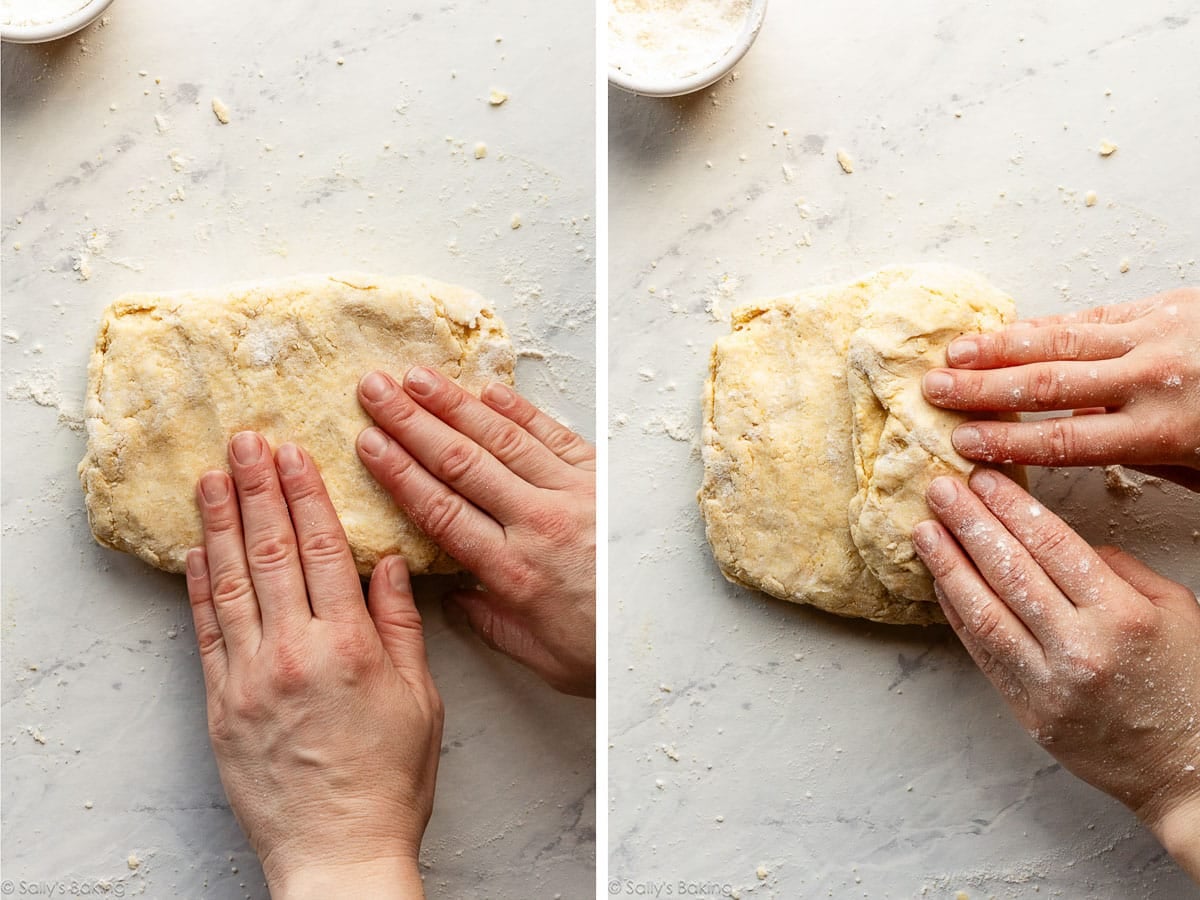 hands flattening and folding dough.